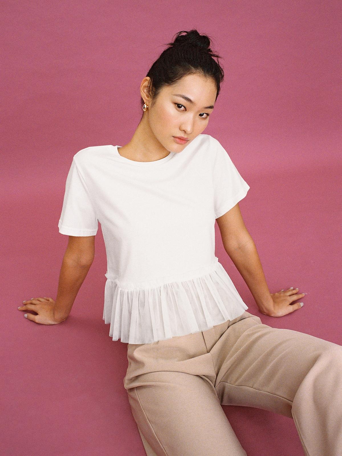 Sustainable Peplum Ruffled Tee - White