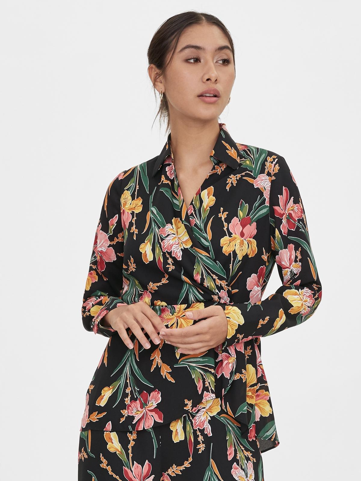Surplice Wrap Floral Blouse - Black