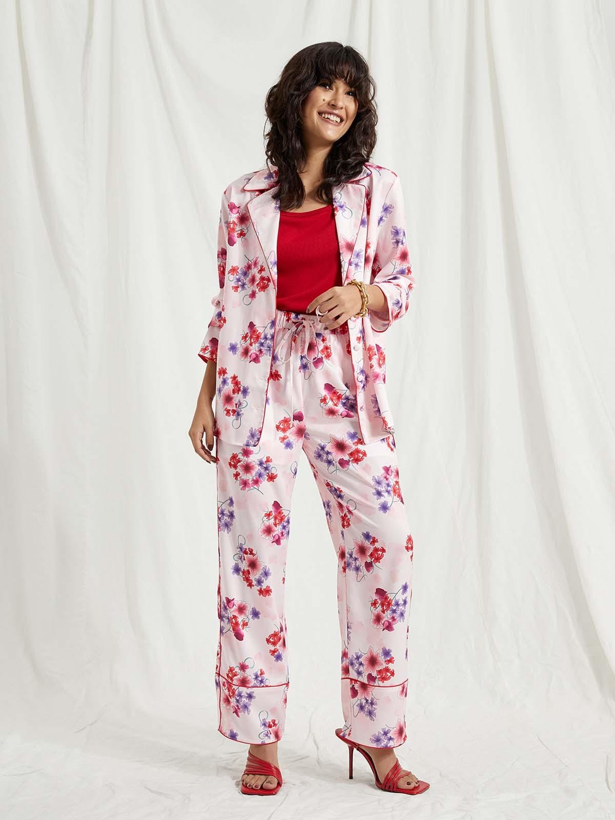 Floral Elastic Waist Pants - Pink