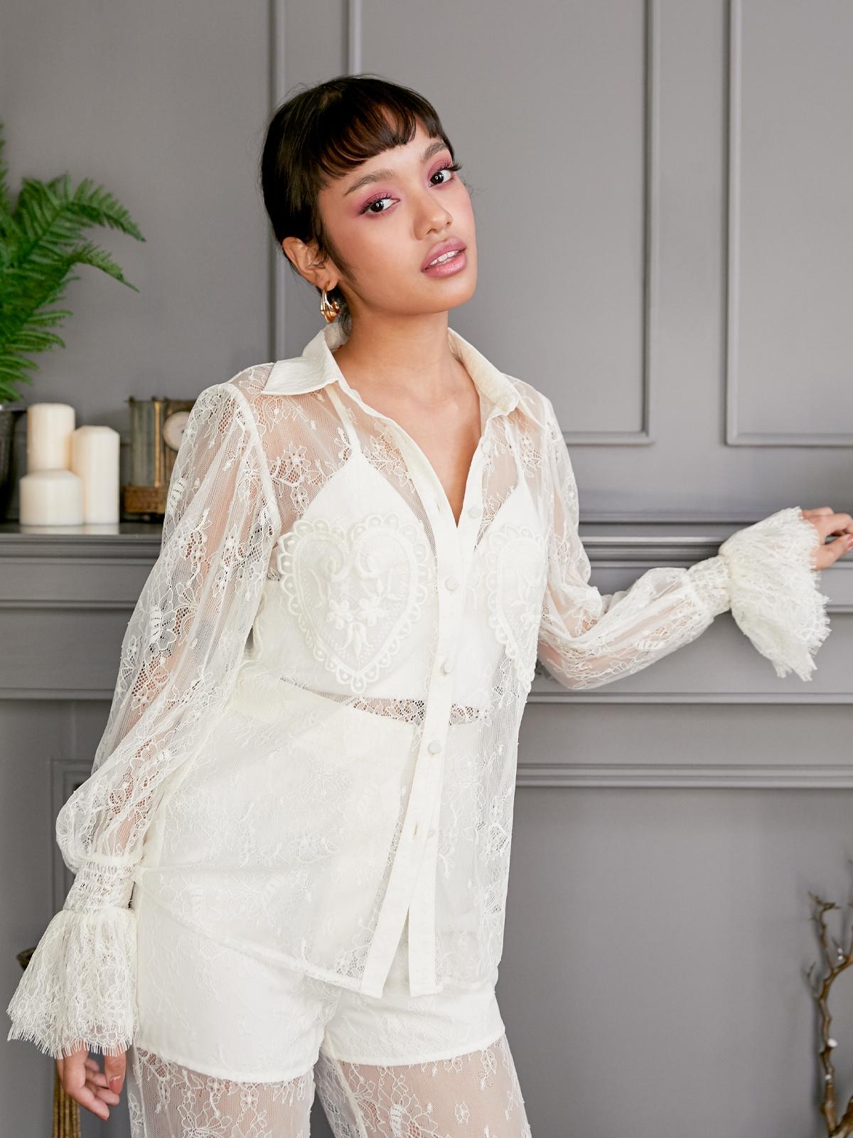 Sheer Lace Button Up Shirt - Cream