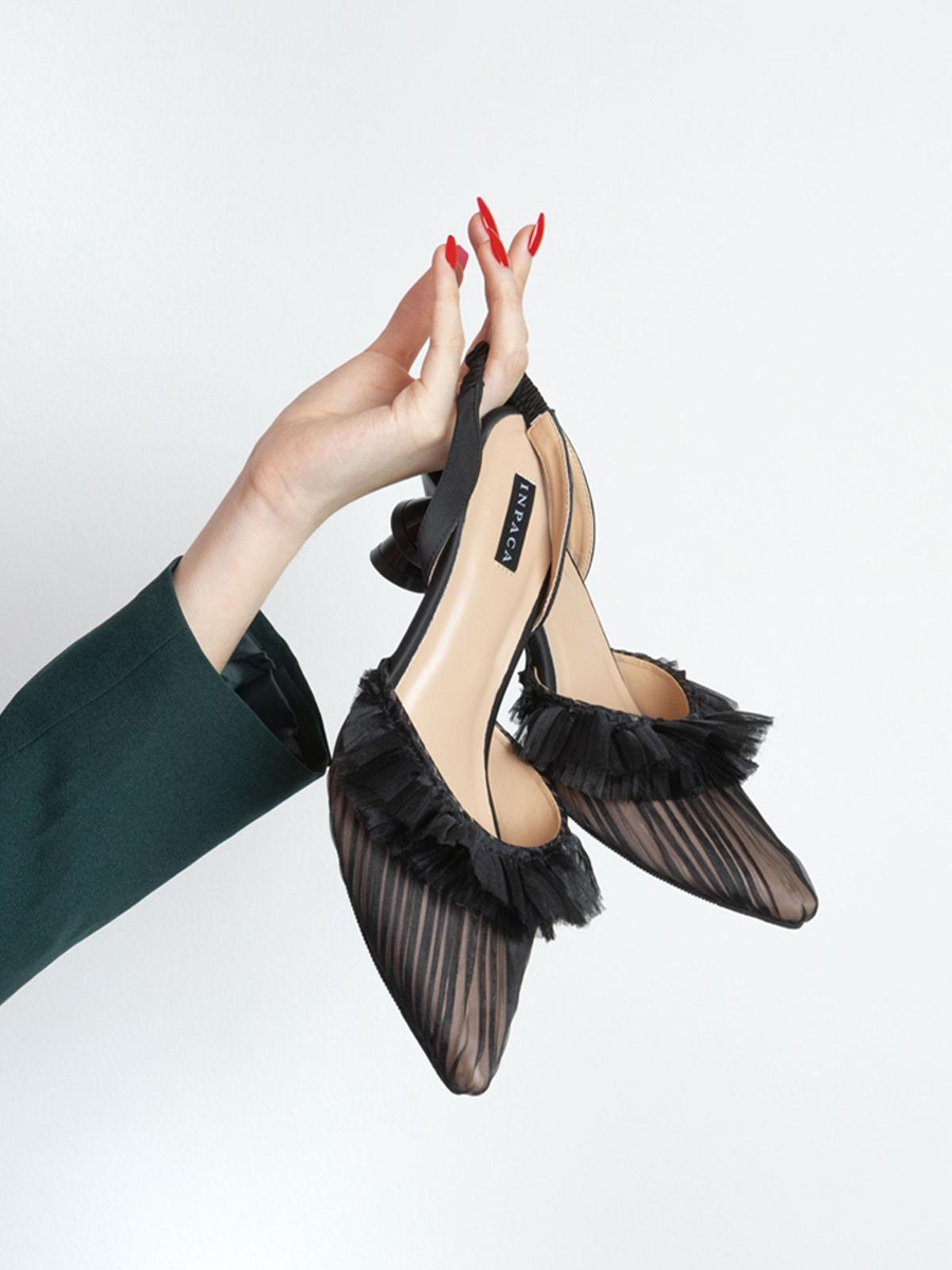 Charlotte Ruffled Kitten Heels - Black