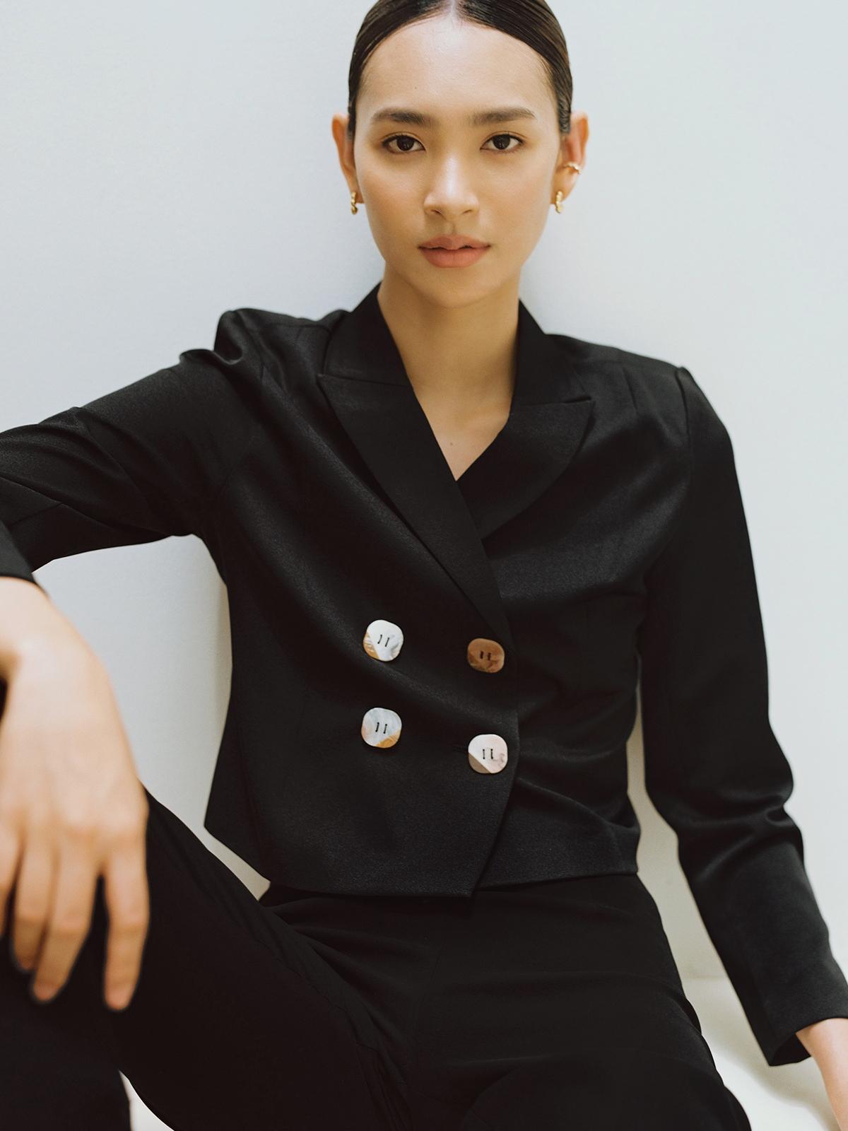 Square Button Double Breasted Blazer - Black