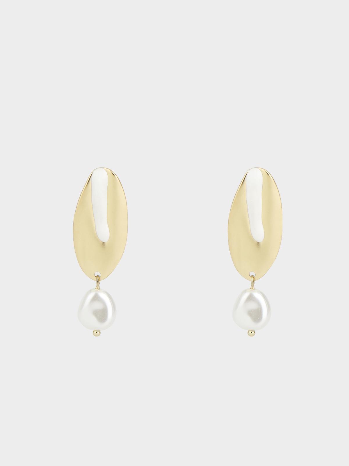 Oval Plate Pearl Drop Earrings - Gold