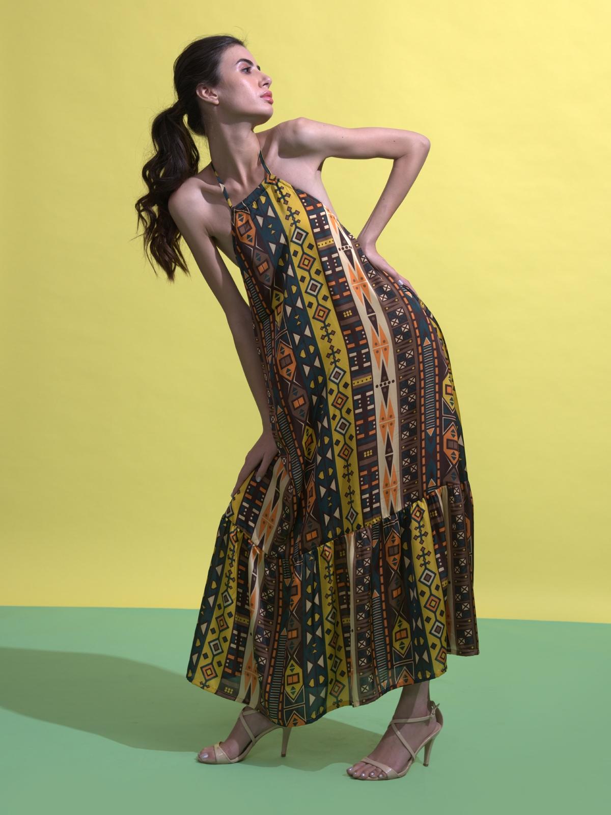 Tribal Tiered Halter Maxi Dress - Brown