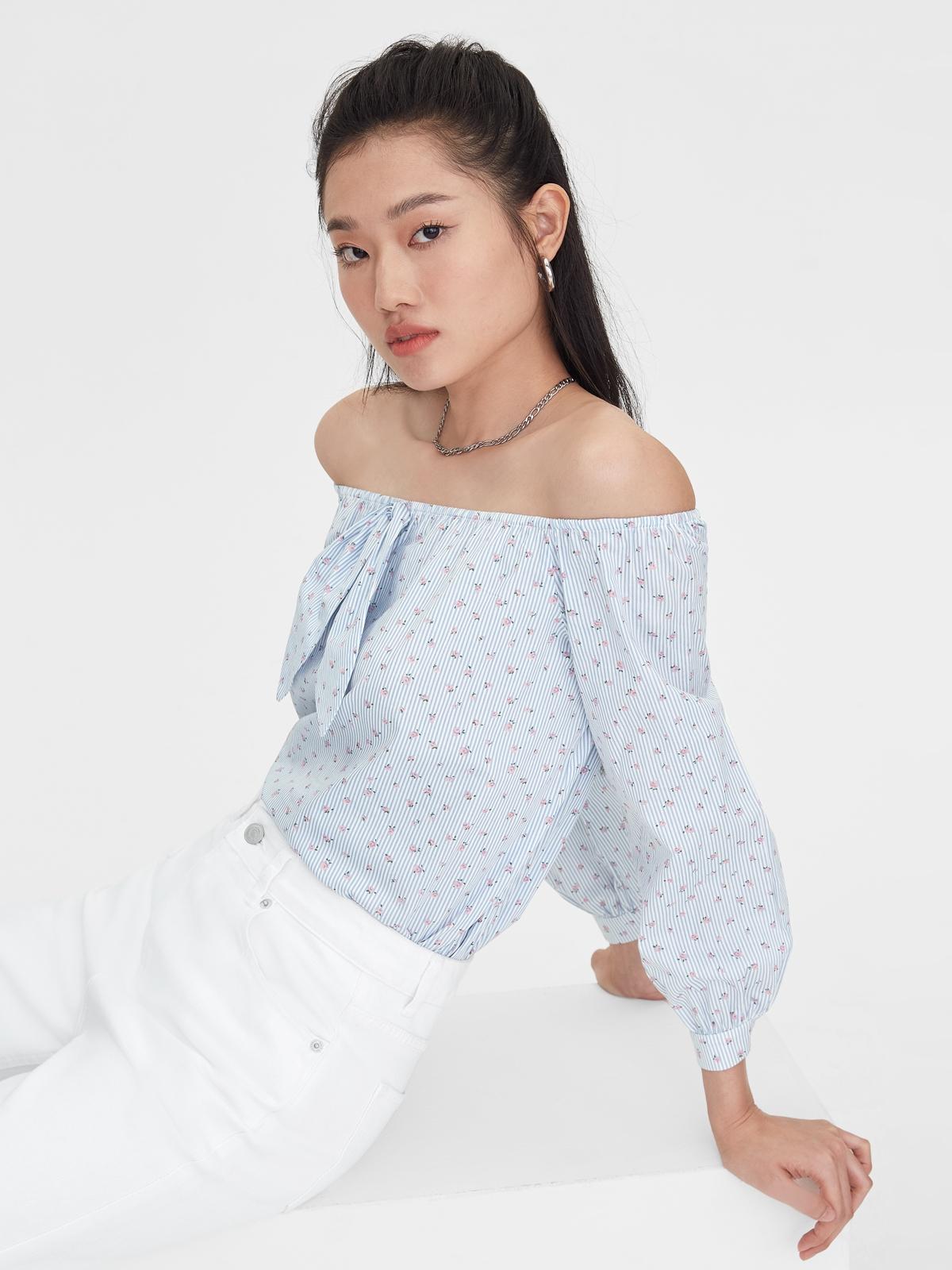 Striped Rose Print Off Shoulder Top - Blue