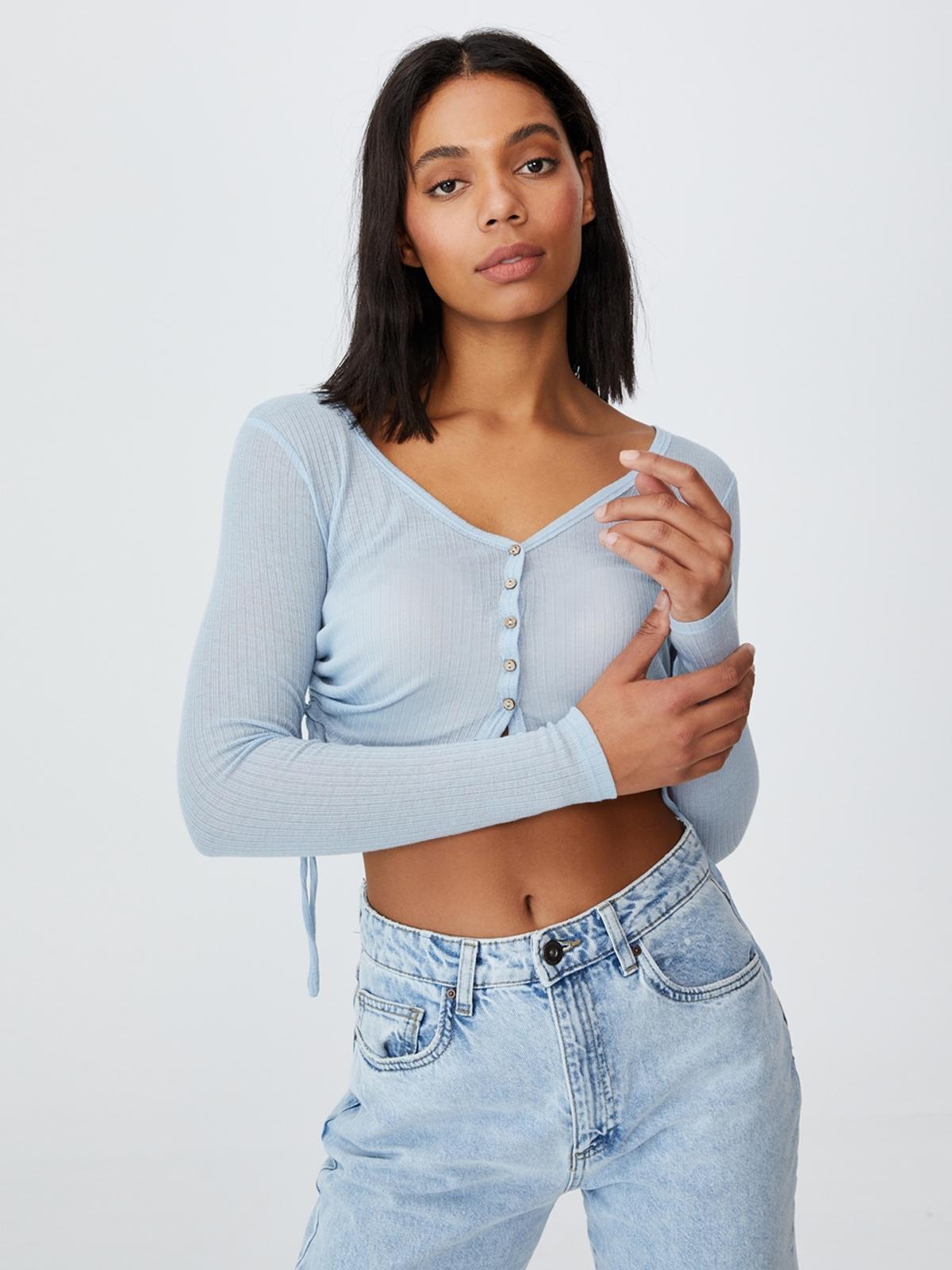 Rouched Side Lightweight Cardigan - Blue