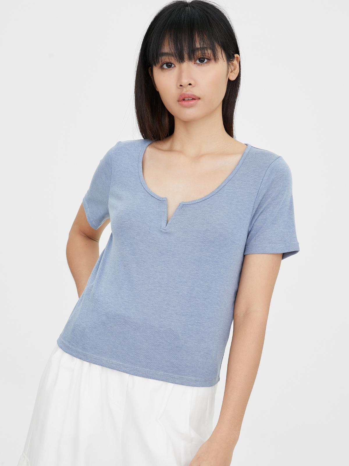 Ribbed V Neck Top - Blue