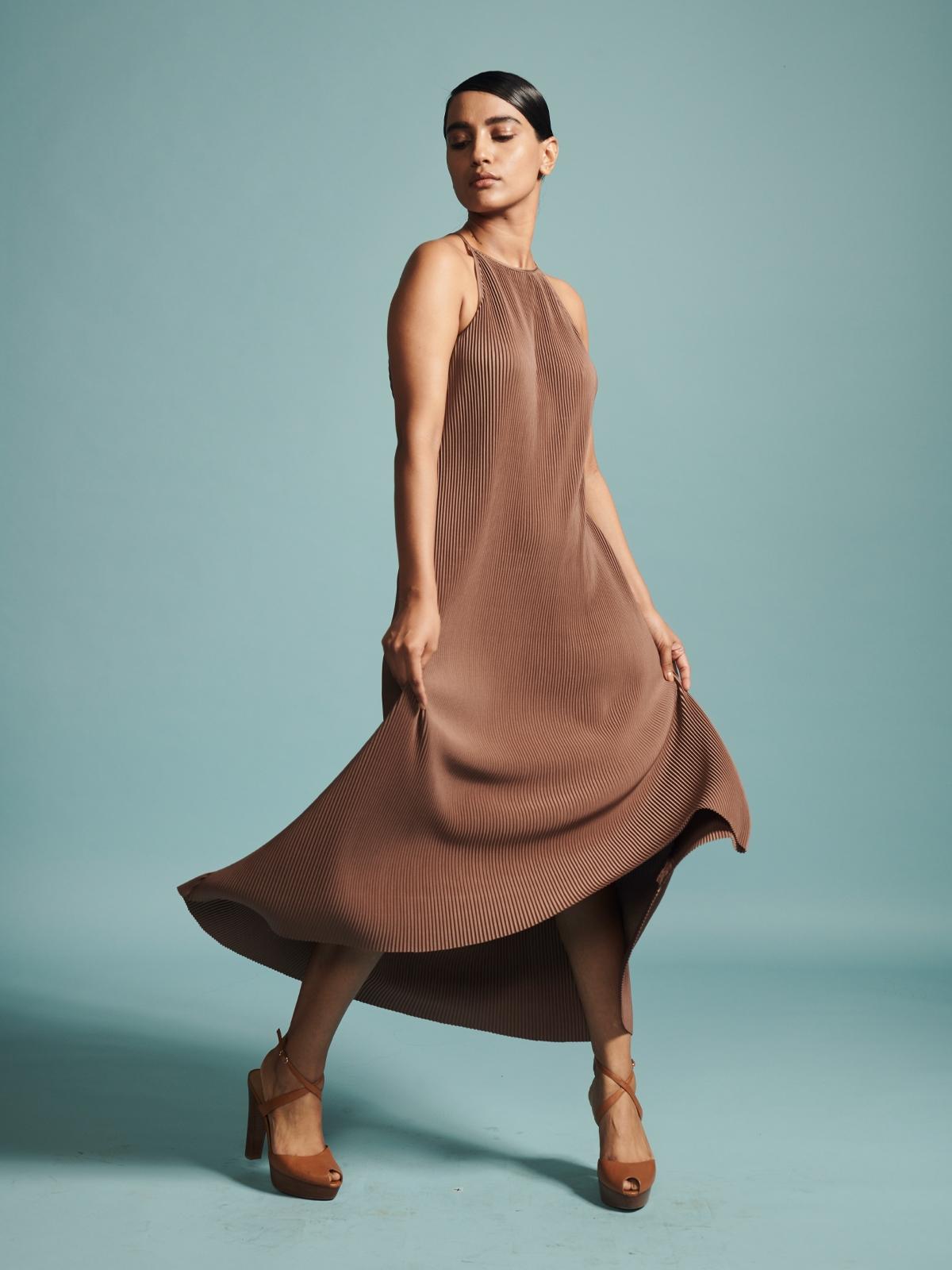 Pleated High Low Dress - Chocolate Brown