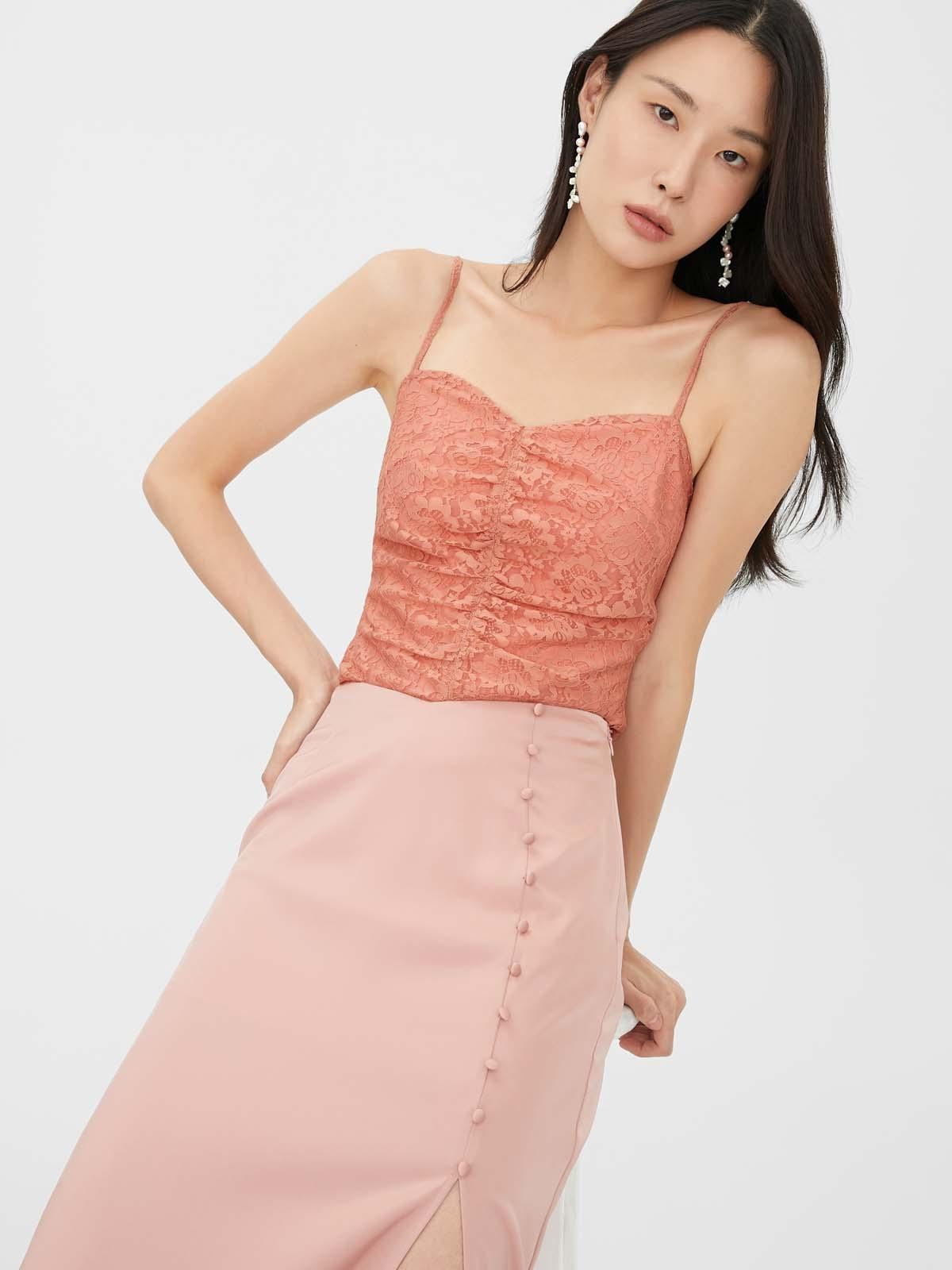 Lace Accent Sweetheart Neck Cami Top - Brown Lace Accent Sweetheart Neck Cami Top - Brown