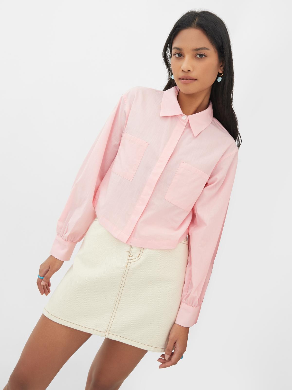 Cuffed Sleeve Cropped Shirt - Pink