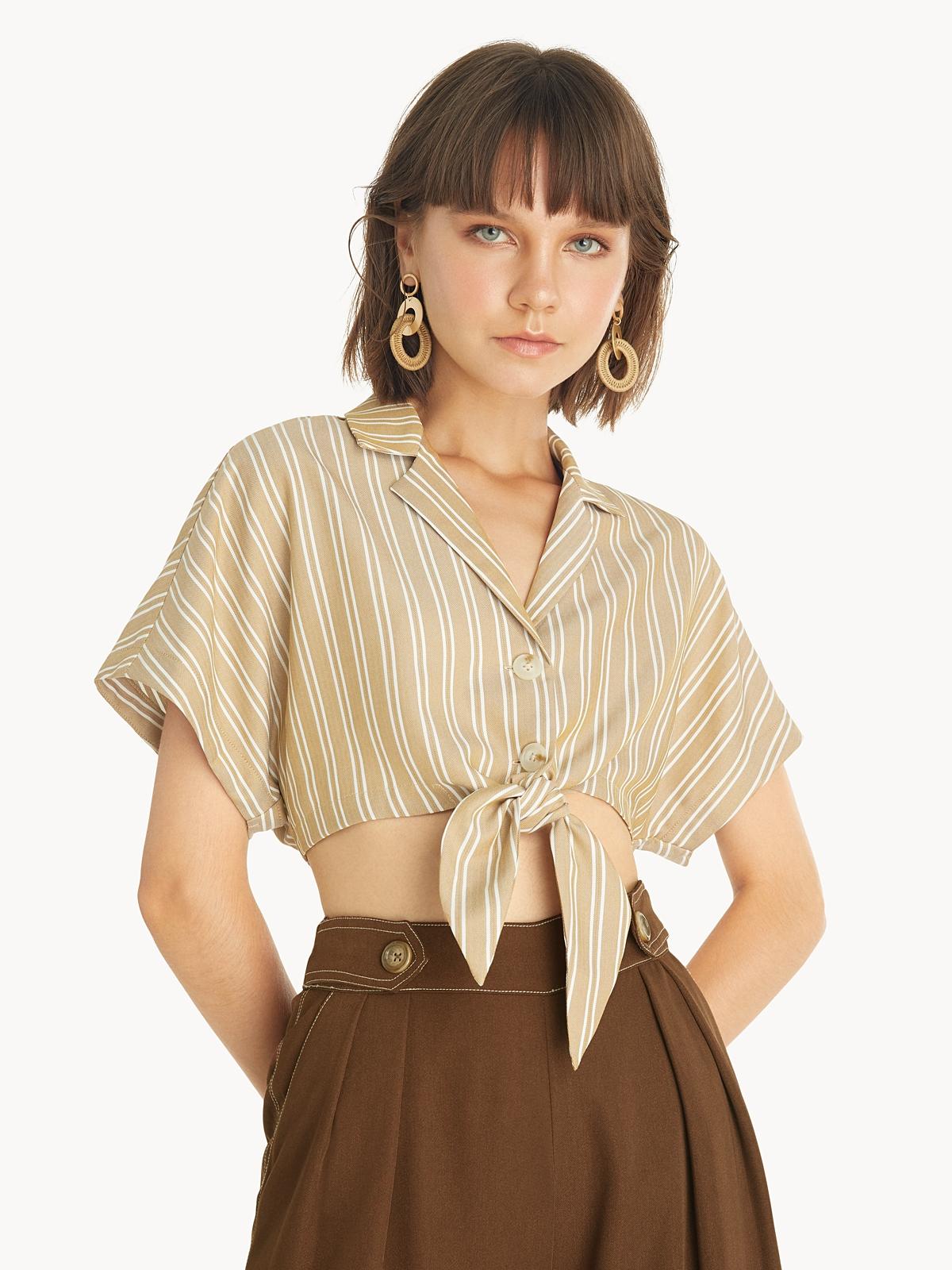 Waist Tie Crop Shirt - Brown
