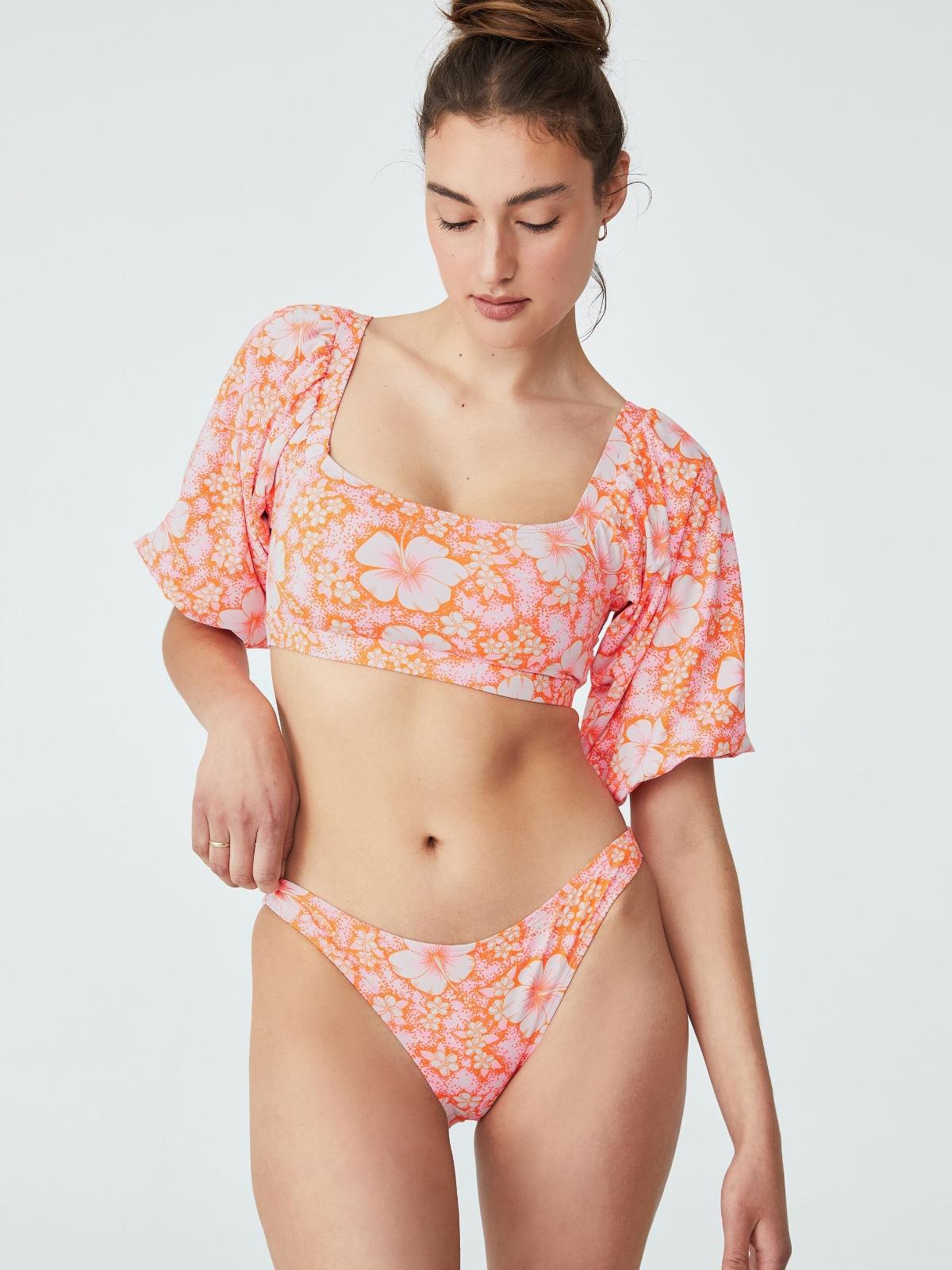 Bandeau Short Sleeve Bikini Top - Speckled Hibiscus Pinks
