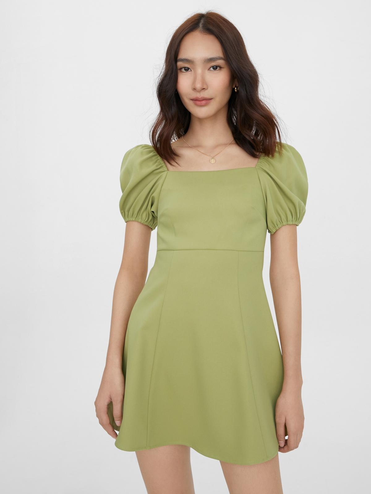 Short Puffed Sleeve Mini Dress - Green