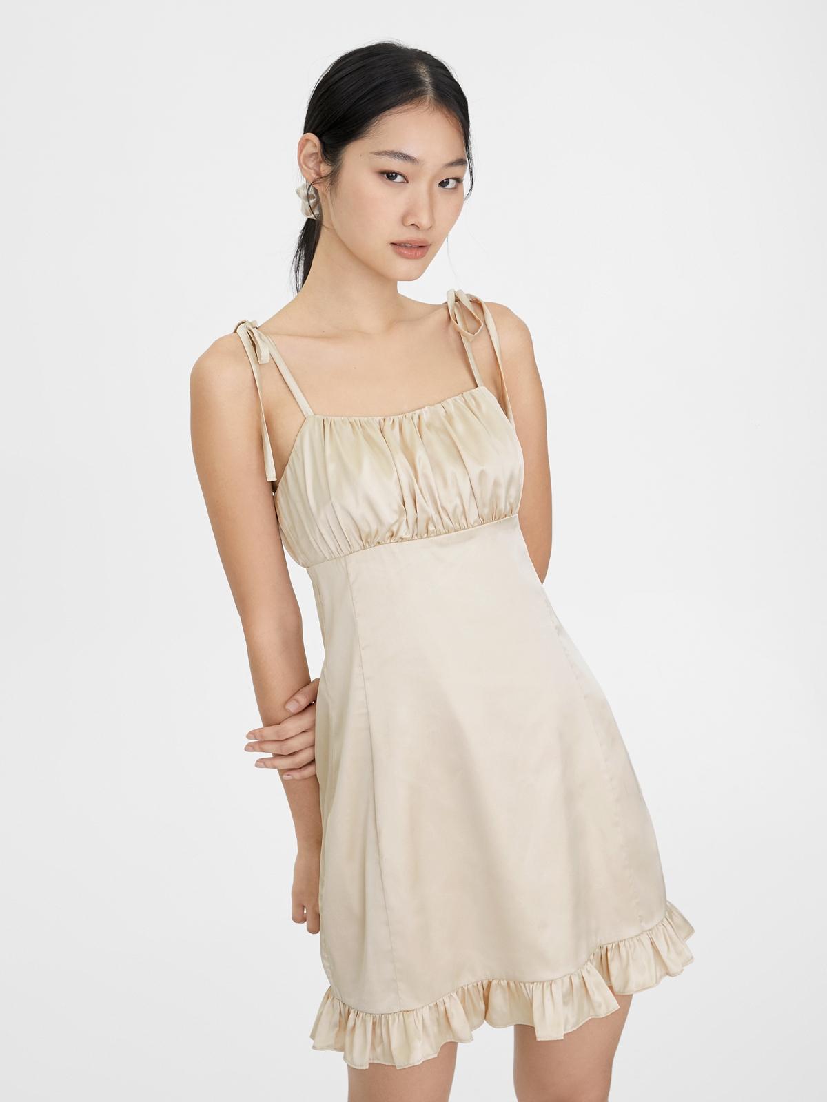 Ruched Shoulder Tie Dress - Beige