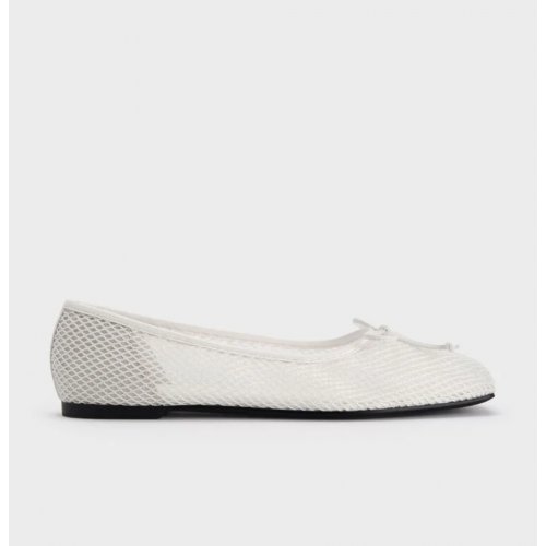  Mesh Square-Toe Bow Ballet Flats - White 