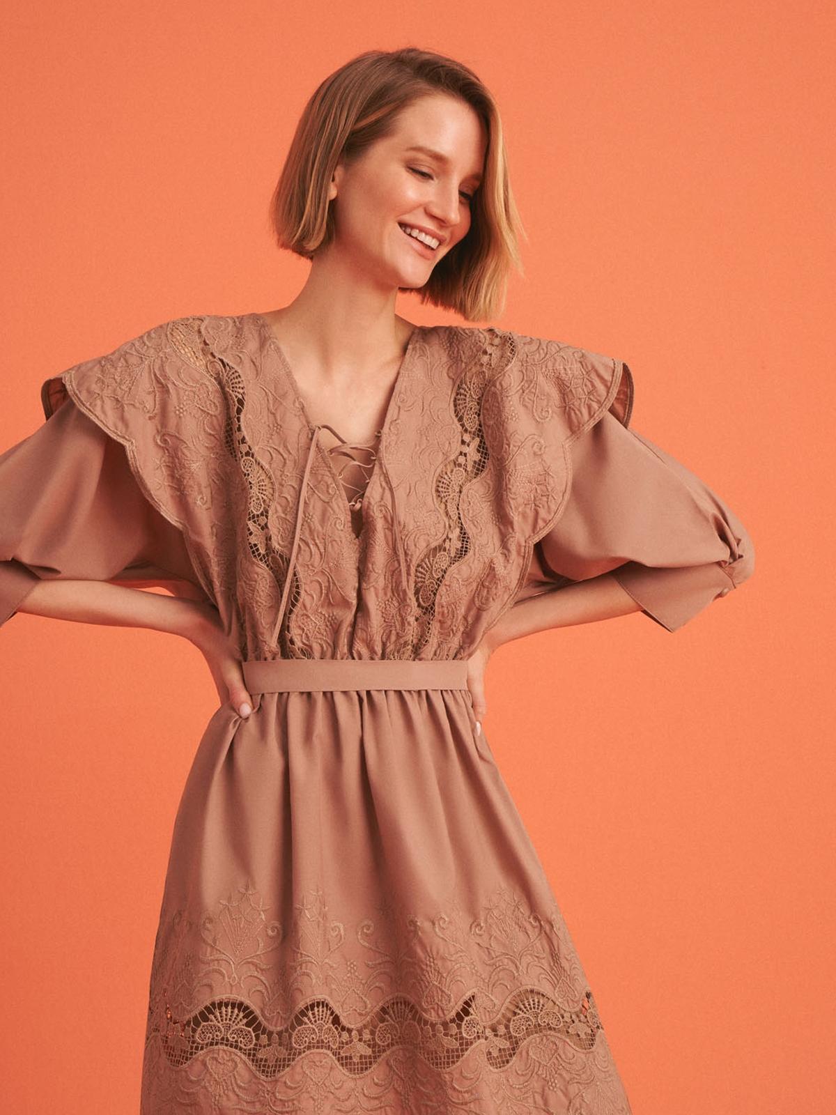 Embroidered Mini Dress with Belt - Light Brown