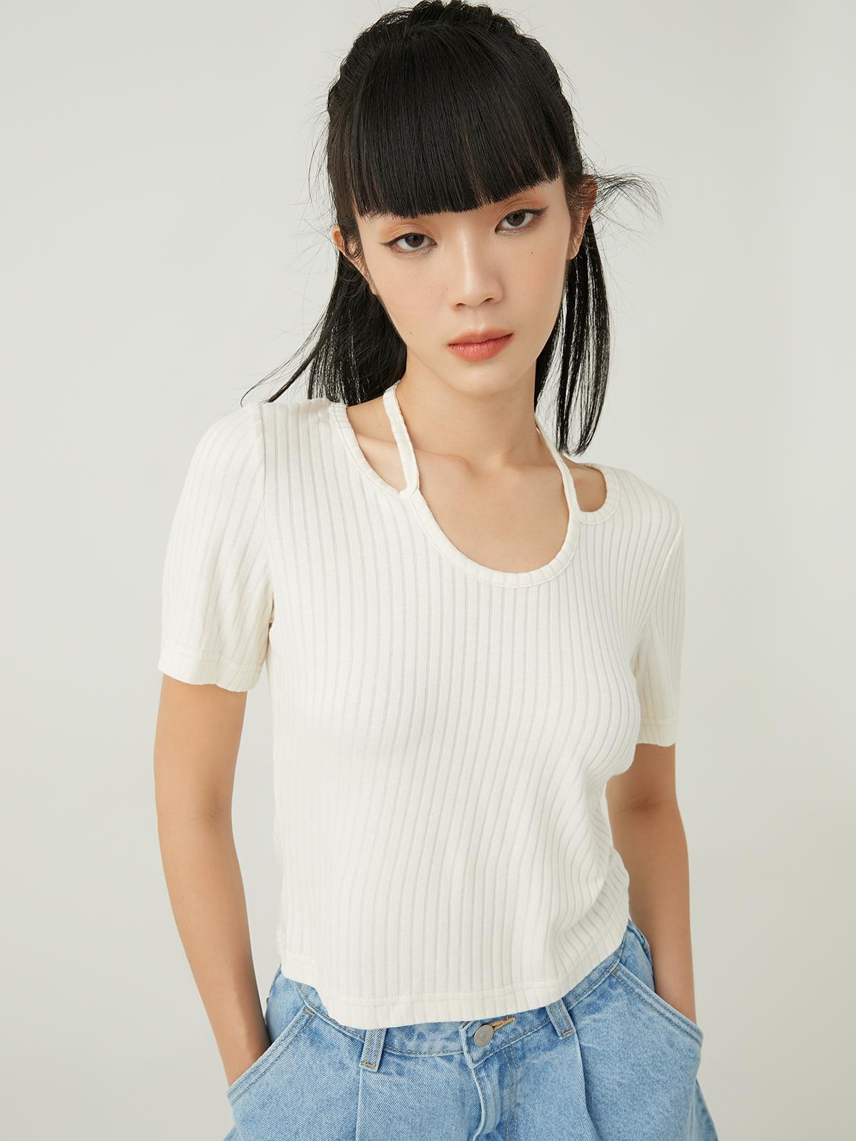 Tie Neck Short Sleeve Tee - Beige