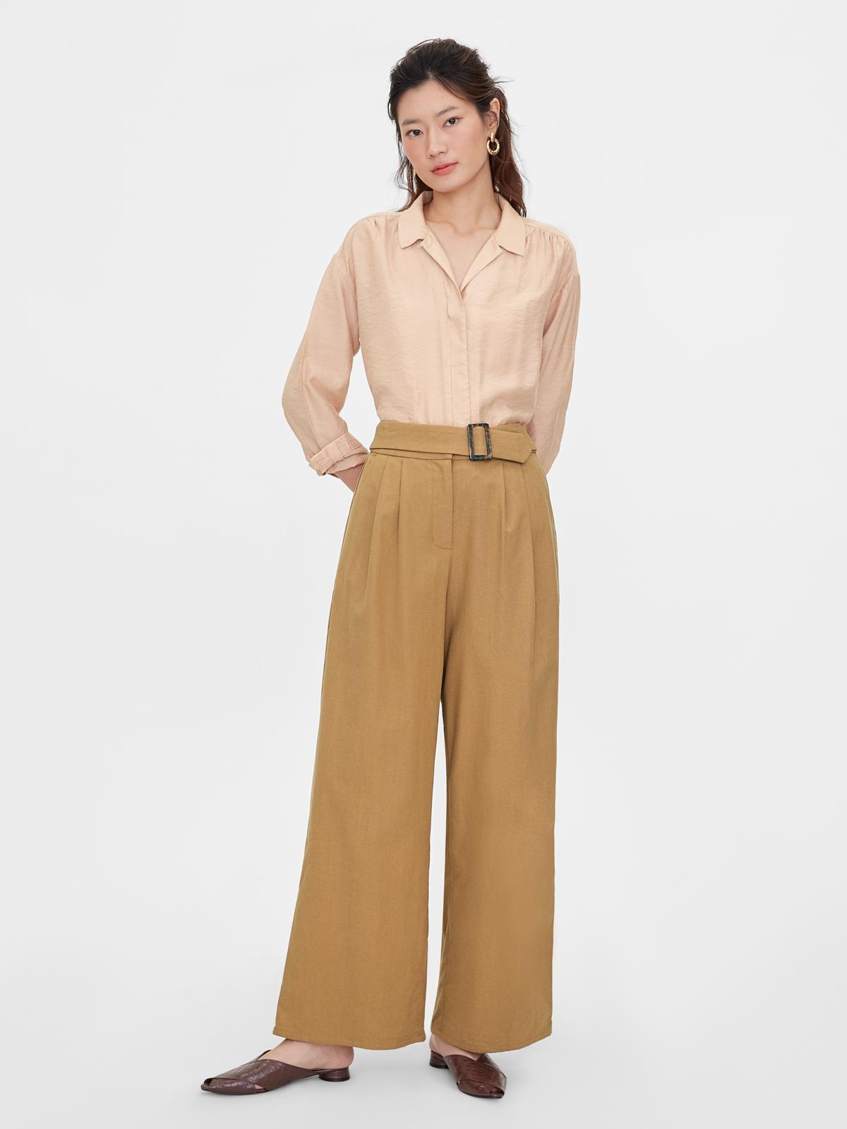 Square Belted Wide Leg Pants - Brown