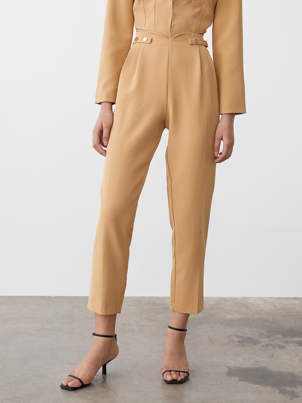 High-Waisted Regular Fit Pants - Caramel