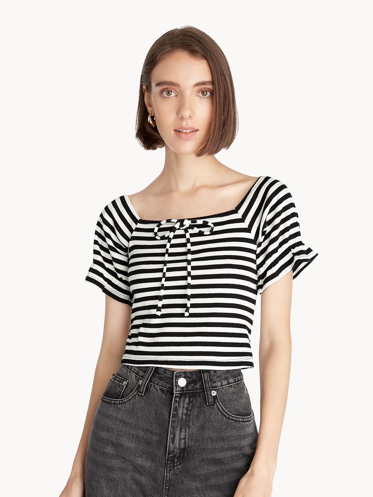 Striped Front Bow Crop Top - Black