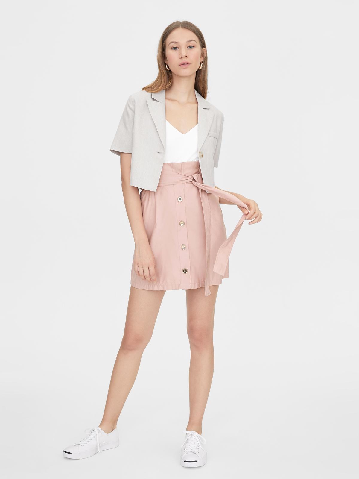 Button Up Paper Bag Skirt - Pink