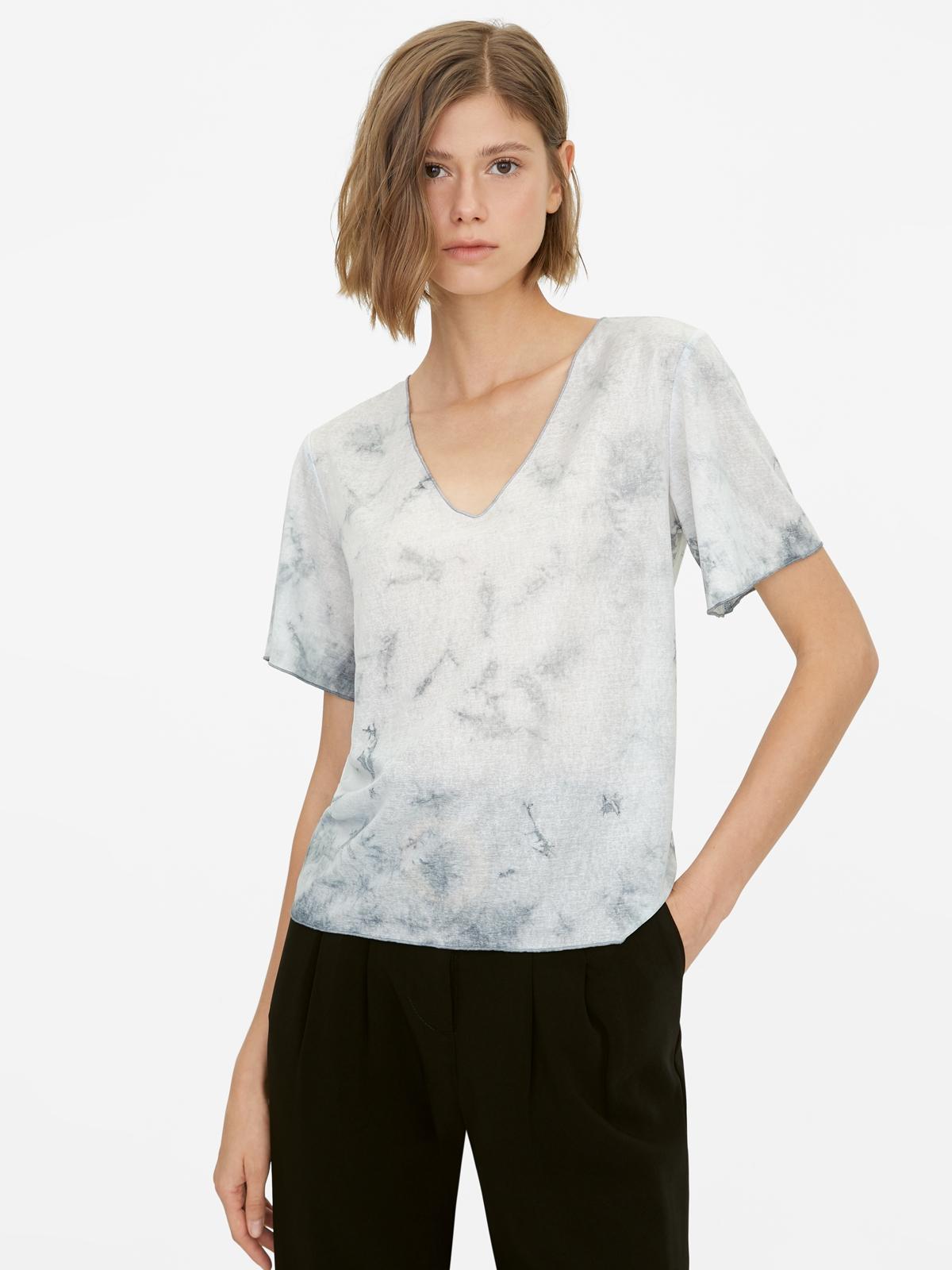 V Neck Tie Dye Top - Light Grey