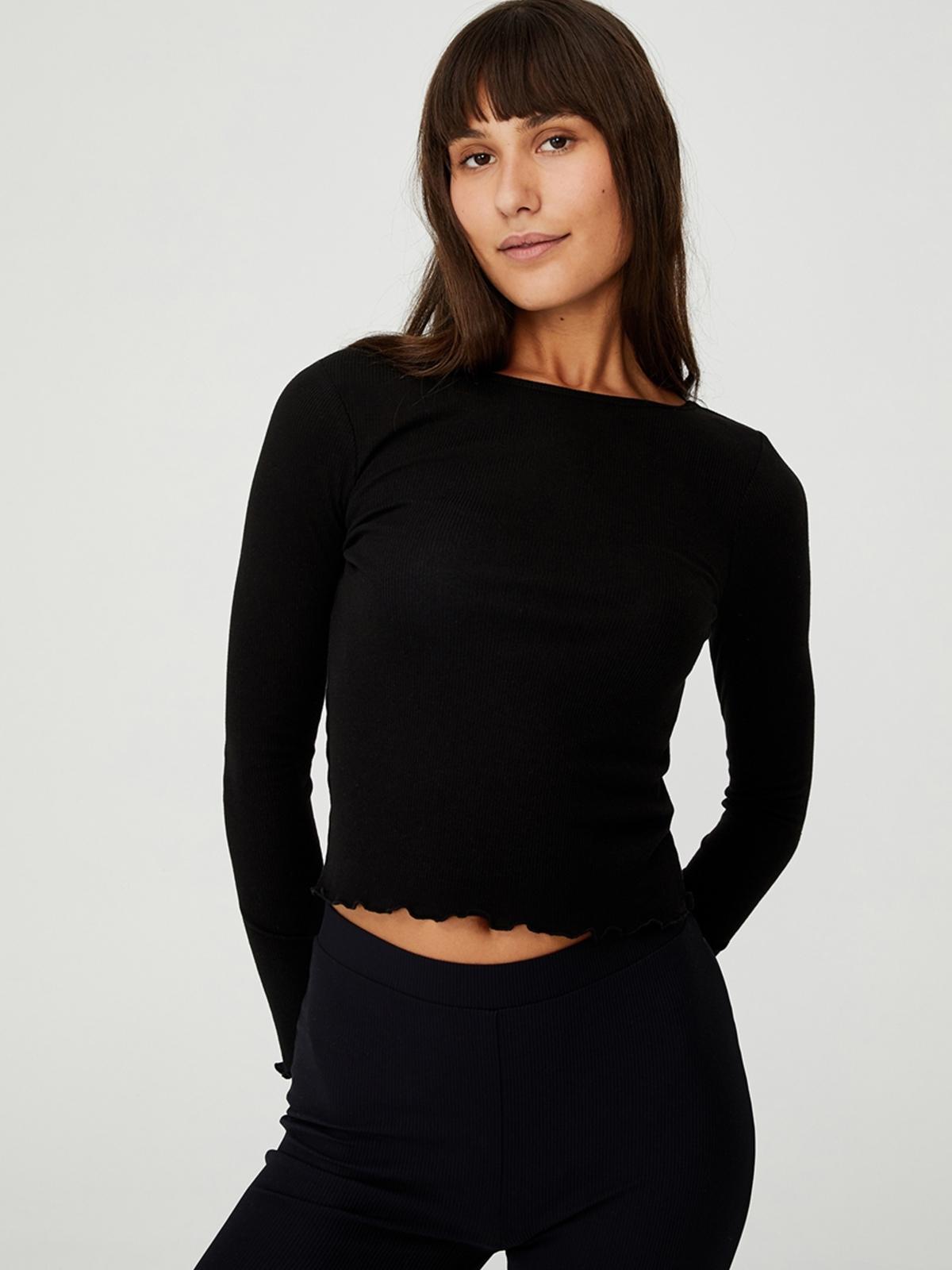 Rib Crew Neck Long Sleeve Top - Black
