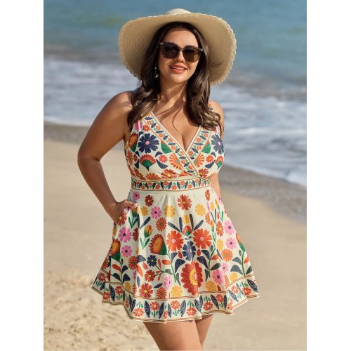 Floral Surplice Neckline Pockets Swim Dress