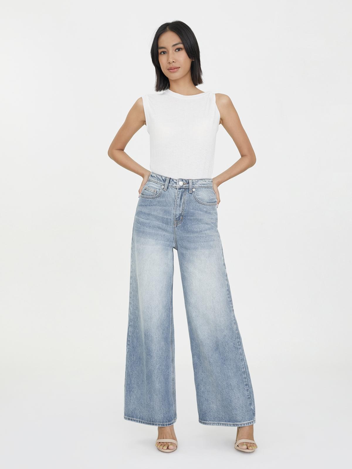 Water Neutral Faded Wide Leg Denim Jeans - Blue