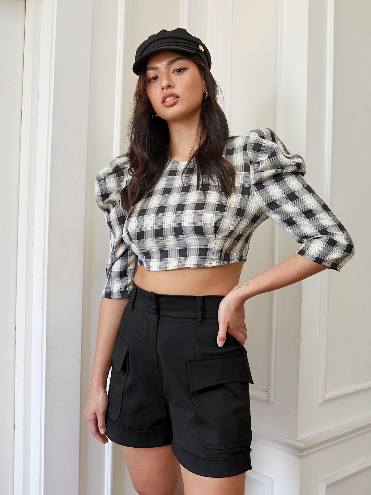 Cropped Plaid Puff Sleeve Top - Black