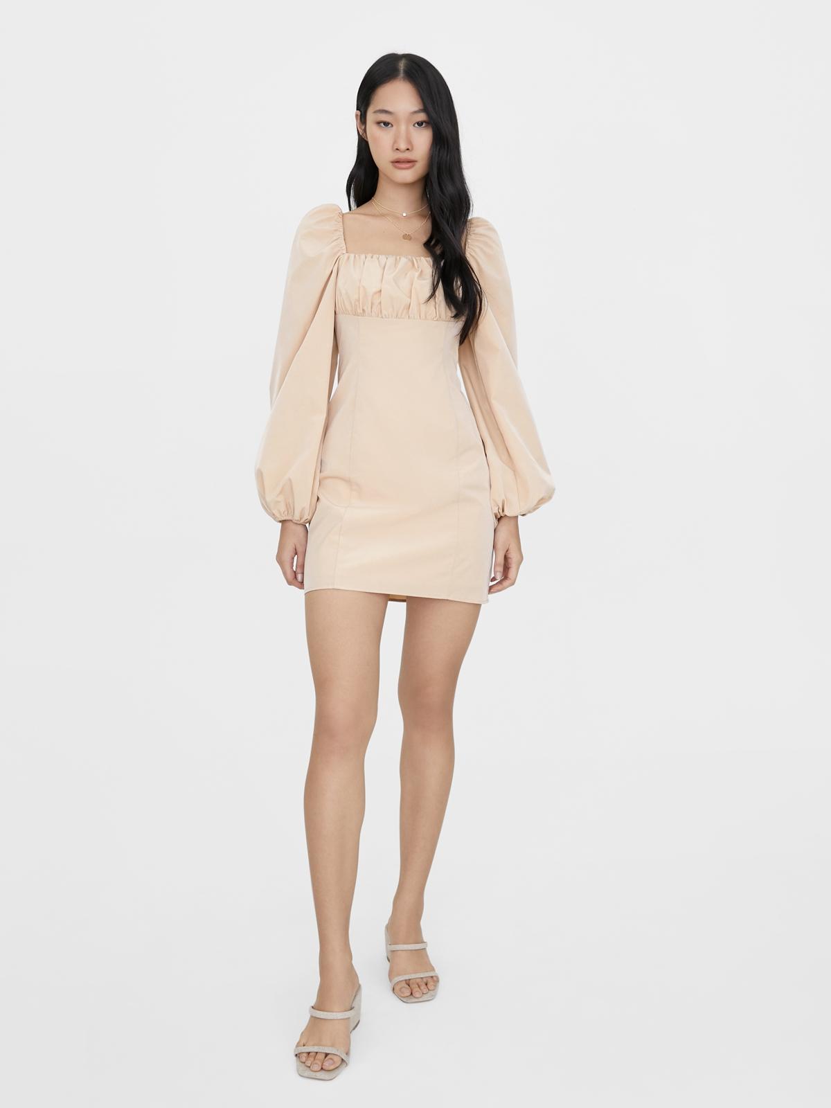 Puffed Sleeves Square Neck Dress - Beige