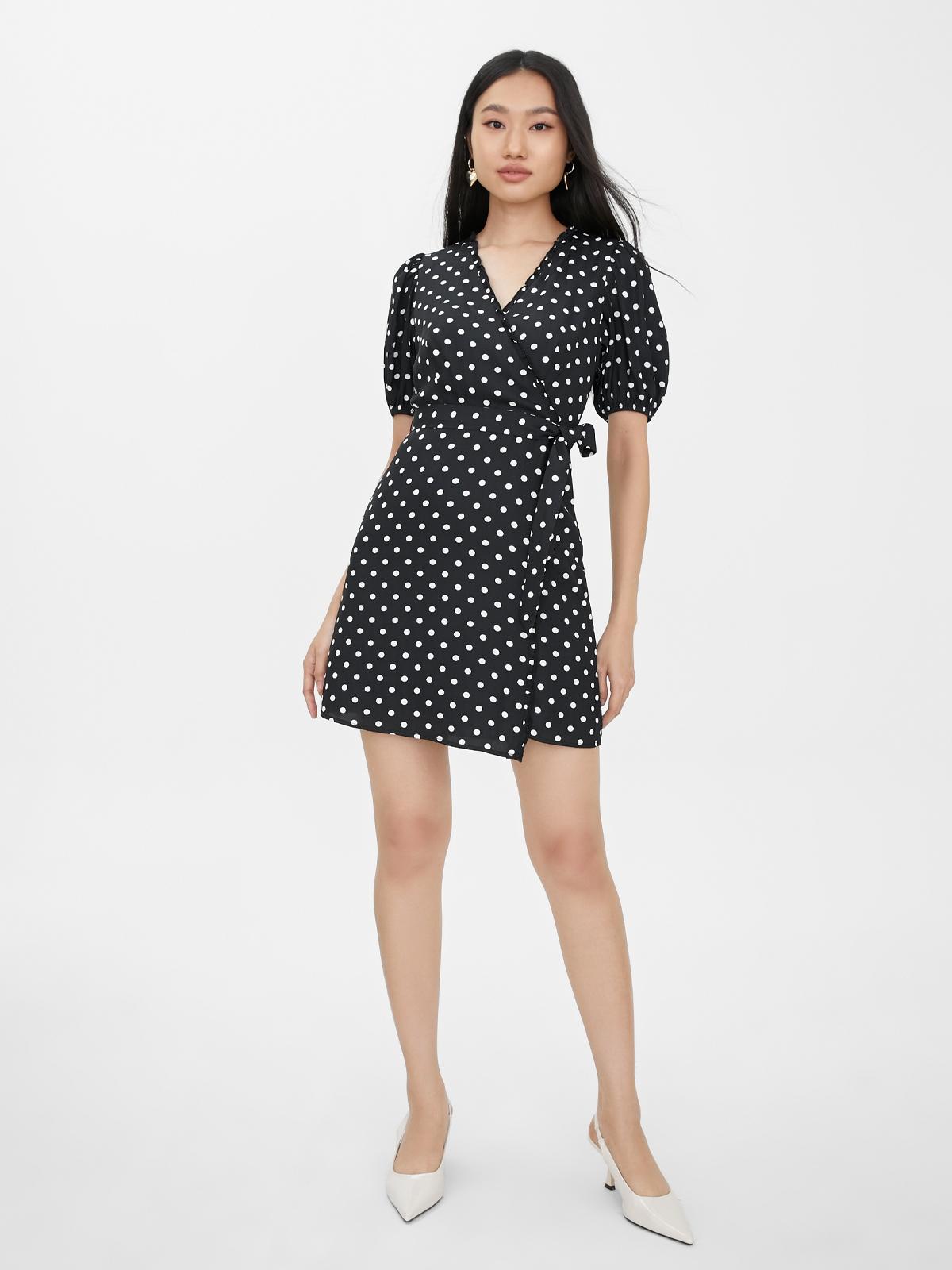 Puffed Sleeve Wrap Dress - Black