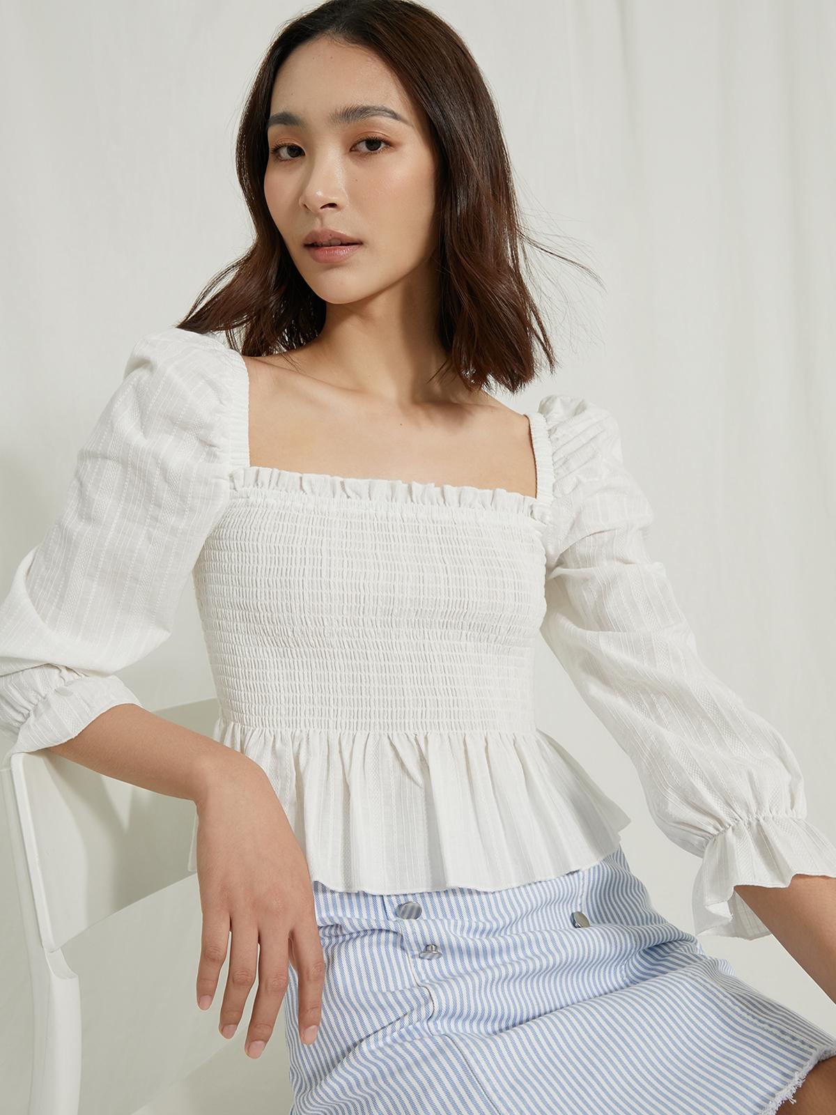Smocked Square Neck Top - White