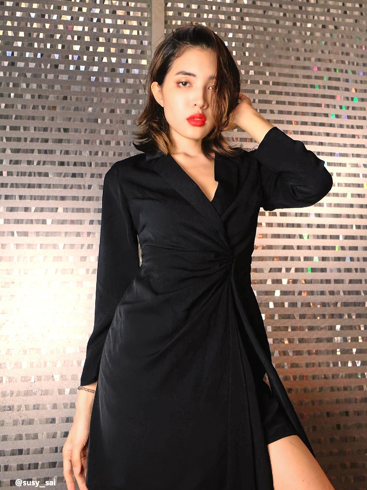 Side Draped Wrap Dress - Black