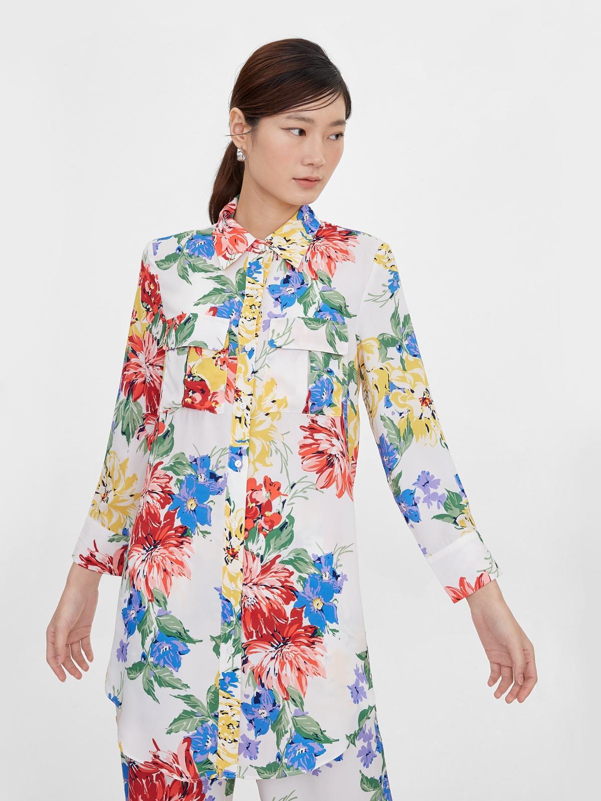 Double Front Pocket Floral Shirt Dress - White