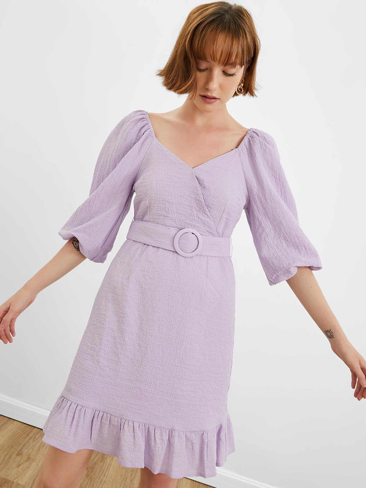 Ribbed Half Sleeve With Belt Mini Dress - Purple