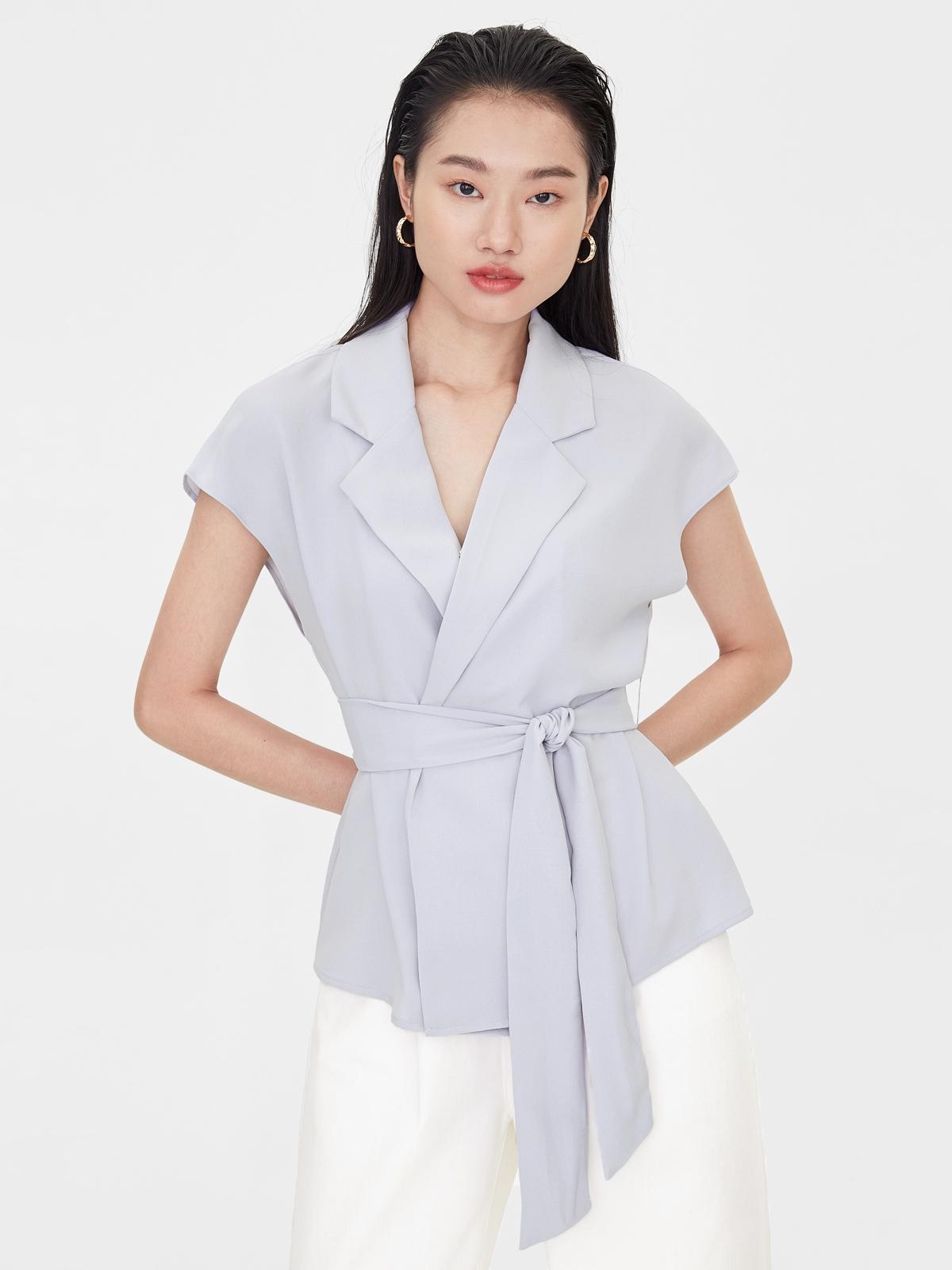 Tie Waist Wrap Sleeveless Top - Blue