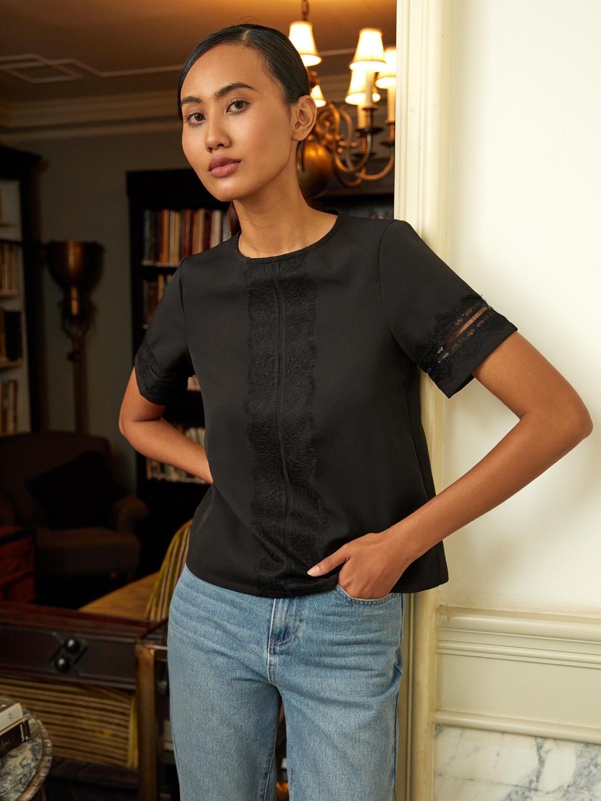 Lace Accent Short Sleeve Blouse - Black