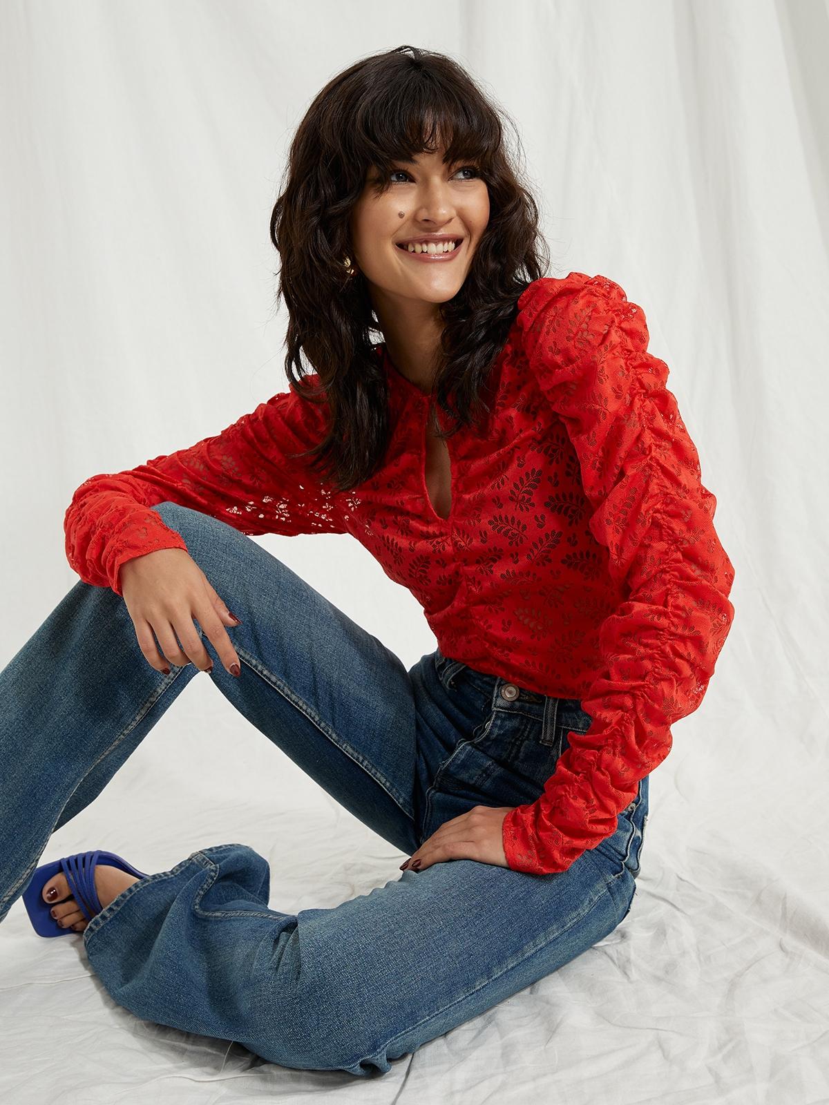 Ruched Long Sleeve Top - Red