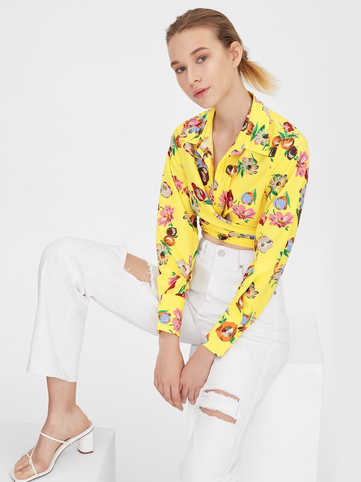 Floral Print Tie Front Crop Top - Yellow