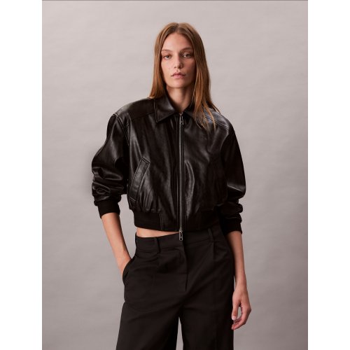 Cropped Faux Leather Bomber Jacket