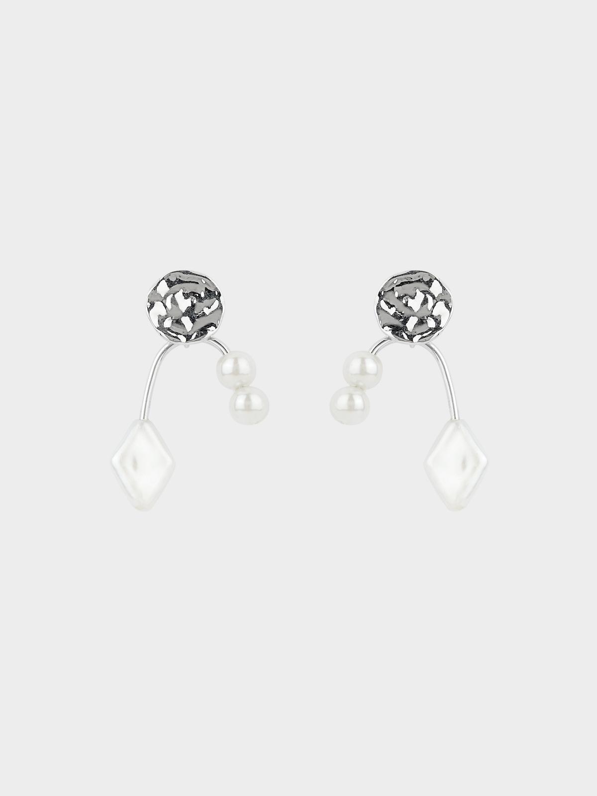 Abstract Plate Pearl Drop Earrings - Silver