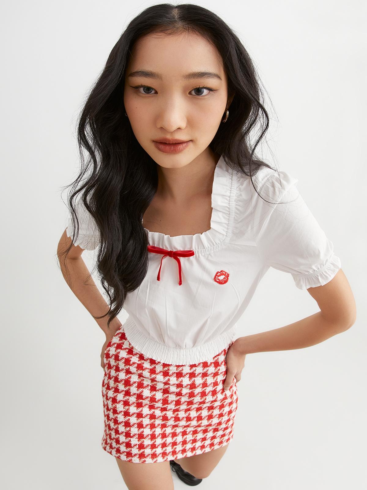 Pomelo x Betty Boop™ Puffed Sleeve Square Neck Top - White