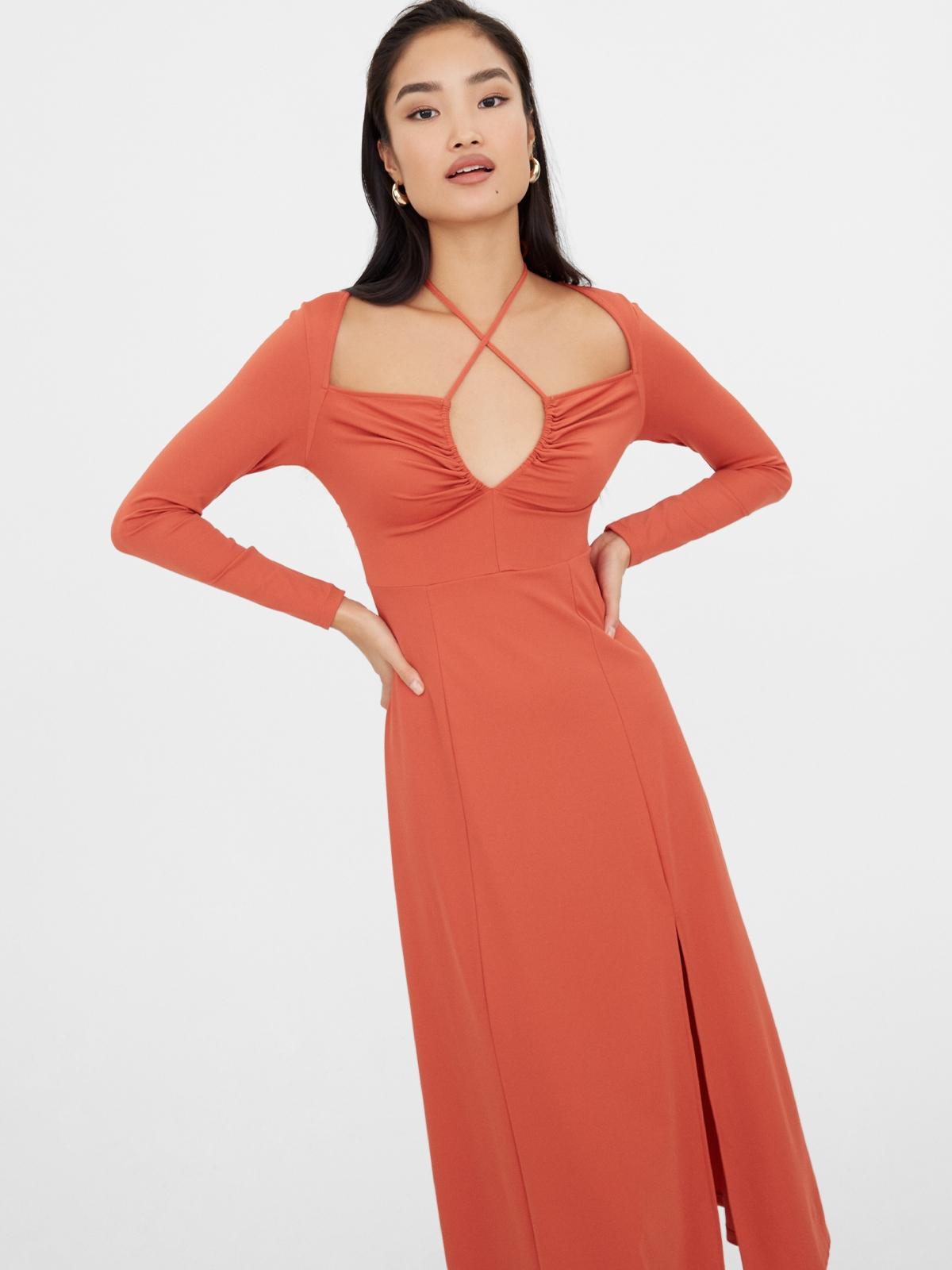 Long Sleeve Tie Neck Dress - Orange