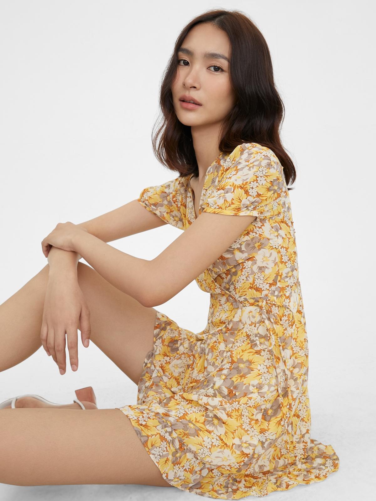 Flower Print Wrap Dress - Yellow