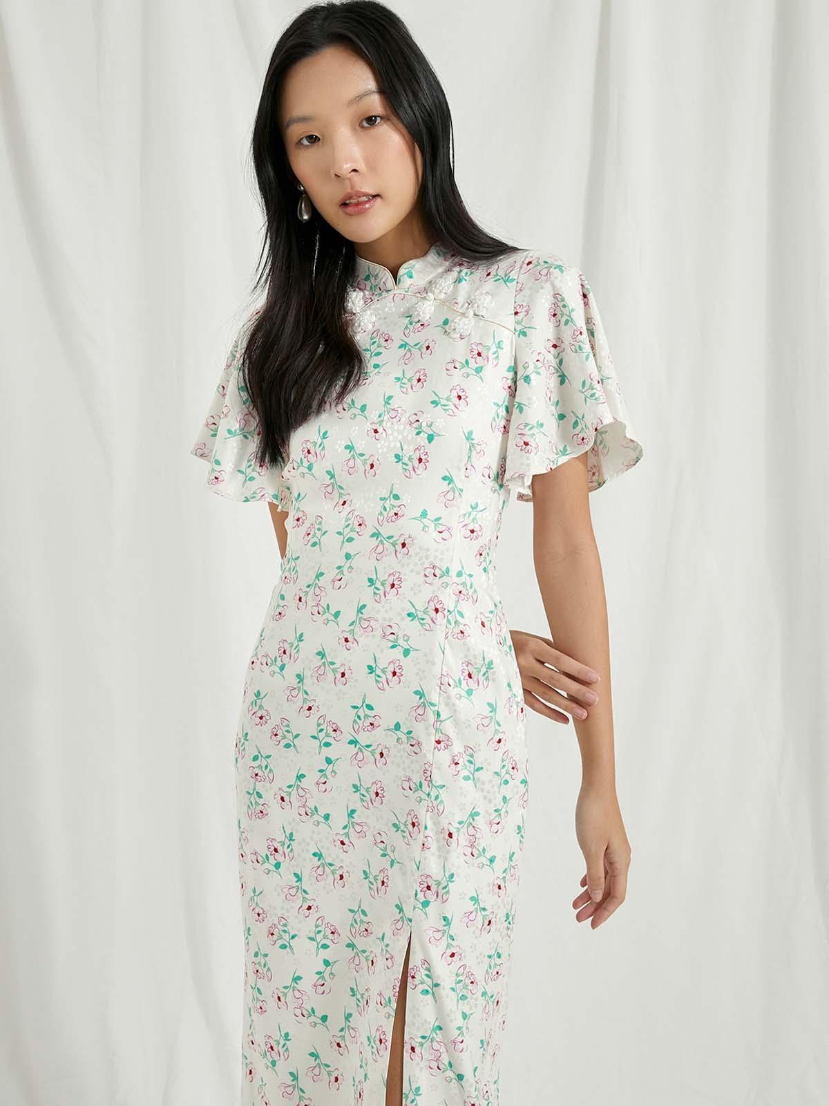 Floral Mandarin Collar Midi Dress - Pink