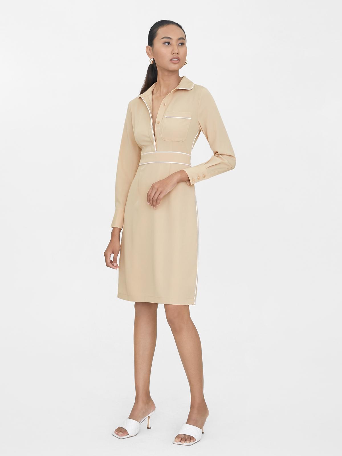 Contrast Hem Shirt Dress - Beige