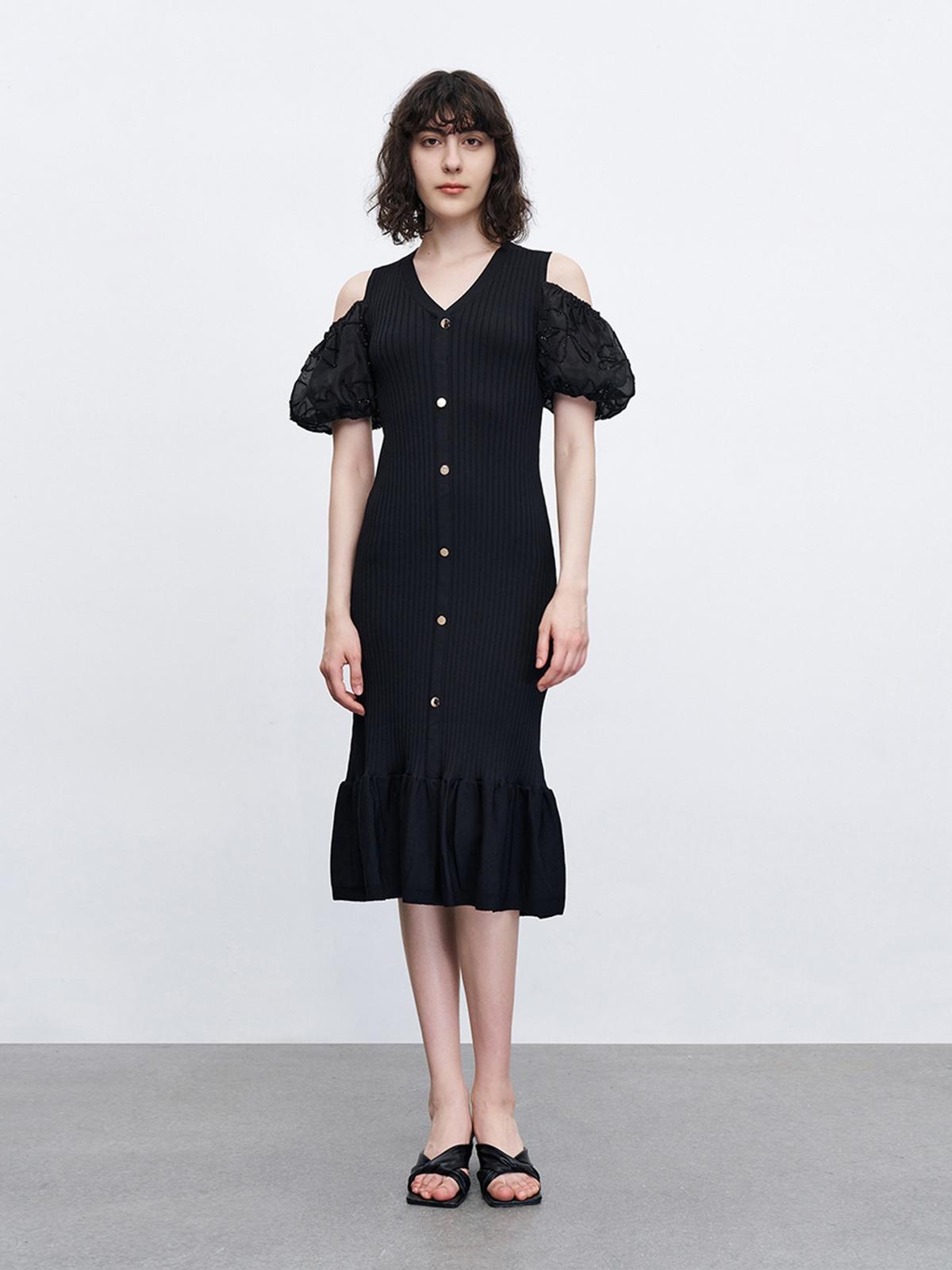 Cold Shoulder Ribbed Knit Dress - Black