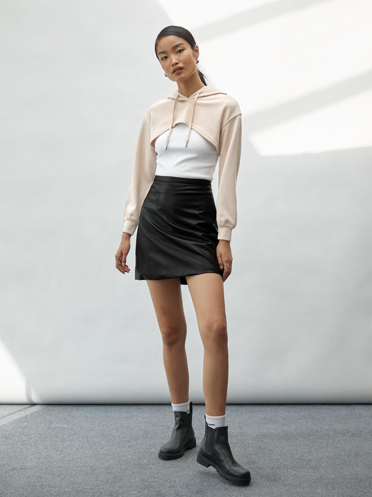 Cropped Long Sleeve Hoodie Top - Beige