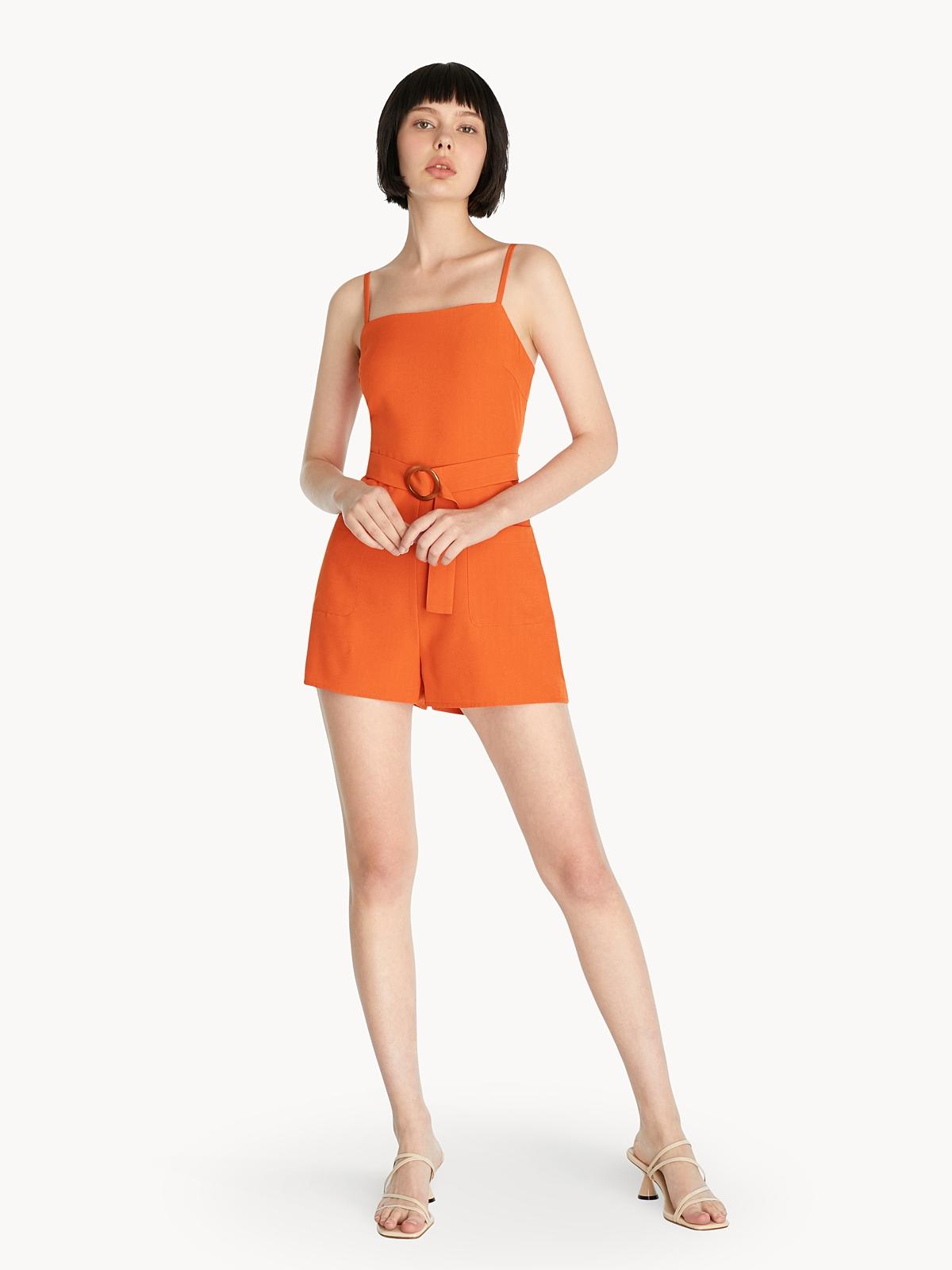 Spaghetti Strap Belted Romper - Orange